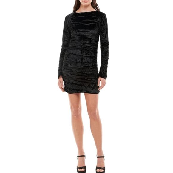 NWT WAYF Clique Ruched Bodycon Long Sleeve Velvet Minidress Black Size XL  LBD - Picture 1 of 12